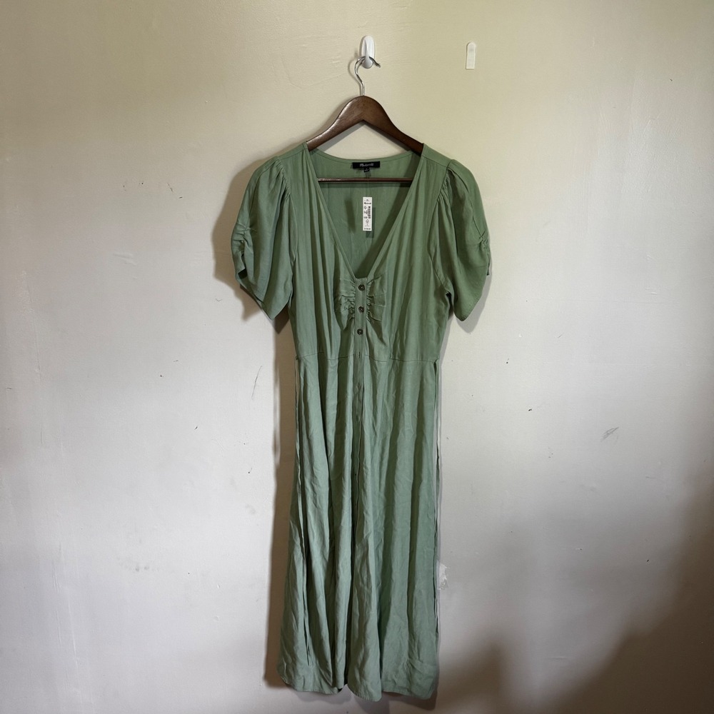 NWT Madewell Women's Size 8 Sage Green Leedra Button Front Midi Dress Ruched